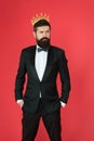 Narcissistic king. Man bearded guy in tuxedo golden crown symbol of monarchy. King ceremony. King attribute. Feeling Royalty Free Stock Photo