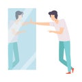 Narcissistic Man Character Looking at Mirror and Pointing Finger to Reflection, Person Overestimate Himself, Self