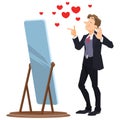 Narcissistic man character looks at mirror. Illustration for internet and mobile website Royalty Free Stock Photo