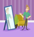 Narcissistic modern prince, funny young man character looking at mirror in living room, room interrior vector