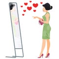 Narcissistic woman character looks at mirror. Illustration for internet and mobile website