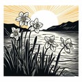 Narcissus Linocut Woodcut Print - Autumnal Sunrise Art Print