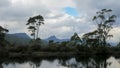 The narcissus river at the end of the overland track on a rainy stormy day