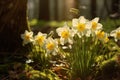 Narcissus in the sun Spring flowers in the forest Royalty Free Stock Photo