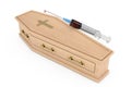 Narcotic Drugs Syringe near Wooden Coffin With Golden Cross and Handles. 3d Rendering