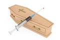 Narcotic Drugs Syringe near Wooden Coffin With Golden Cross and Handles. 3d Rendering