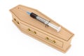 Narcotic Drugs Syringe over Wooden Coffin With Golden Handles. 3d Rendering