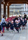 Narita, Chiba, Japan - March 4, 2016 : row of Japanese kindergarten students at a field outing trip at Naritasan Shinshoji Temple