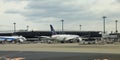 Narita International Airport view, Airplane parking at passenger gate. Royalty Free Stock Photo
