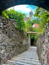 Narow arched street Meissnerstiege in Bregenz upper town - Oberstadt Royalty Free Stock Photo