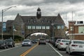 Narragansett Pier iconic landmark is busy in off season on a cloudy day in May as cars travel t