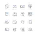 Narrative line icons collection. Storytelling, Plot, Perspective, Dialogue, Memoir, Characterization, Imagination vector