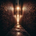 Narrow alley with brick wall at night