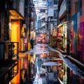 a narrow alley with colorful buildings and puddles of water