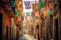 A narrow alley with colorful flags hanging across the street. Day of the Dead, AI generative.