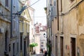 Narrow alley with colorful slovenian houses in the old town of Piran, in Slovenia Royalty Free Stock Photo