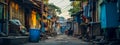 narrow alley in a densely populated urban neighborhood, characterized by worn buildings with hanging laundry, litter