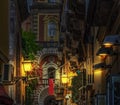 Narrow alley with Duomo steeple on the background in world famous Sorrento at night Royalty Free Stock Photo
