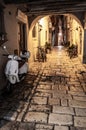 Narrow Alley With Bicycles And Motorbike In The Old Town Of The City Of Rovinj In Croatia Royalty Free Stock Photo