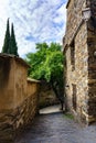 Narrow alley with old stone houses and blue sky with clouds, cypress trees and stray cat. Patones de Arriba Madrid