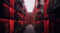 a narrow alley way between two buildings with red lights on them Royalty Free Stock Photo