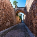 Narrow alleys within the medieval town of Caceres in Extremadura, Spain. Royalty Free Stock Photo