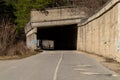 Narrow asphalt road passing under concrete bridge in forest Royalty Free Stock Photo