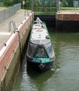 Narrow boat in Eaton Socon lock river Ouse Cambridgeshire.