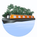 Narrow Boat with Bush Tree at Background Vector Illustration
