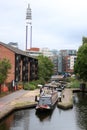 Narrow boat leaving lock, Birmingham city center