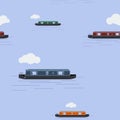 Flat Style Cloudy Sky Narrow Boat Vector Illustration Seamless Pattern