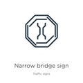 Narrow bridge sign icon. Thin linear narrow bridge sign outline icon isolated on white background from traffic signs collection. Royalty Free Stock Photo