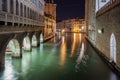 Narrow canal with boats and vintage houses at dusk. Venice city at night Royalty Free Stock Photo