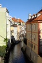 Narrow canal between houses in Prague. Landscape