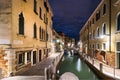 A narrow canal - street Fondamente Di Borgo with boats in Venice at night, Italy Royalty Free Stock Photo