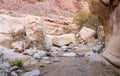 Narrow channel for stream in gorge Wadi Al Ghuwayr or An Nakhil and wadi Al Dathneh near Amman in Jordan