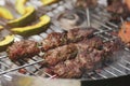 narrow closeup on fresh kofta lamb meat spits and pumpkin slices that are grilled on a charcoal grill