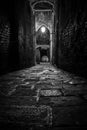 Narrow cobbled alley in old medieval town with illuminated pavement.