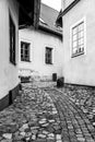 Narrow cobbled ancient street with picturesque colorful houses, Medieval old town of Tabor, Czech Republic Royalty Free Stock Photo