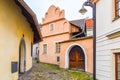 Narrow cobbled ancient street with picturesque colorful houses, Medieval old town of Tabor, Czech Republic Royalty Free Stock Photo