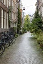 Narrow cobbled street in Amsterdam with parked bicycles and decorated with bushes and trees on a rainy cloudy day. Vertical Royalty Free Stock Photo