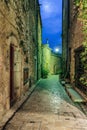 Narrow cobbled street with flowers in the old village at night, Royalty Free Stock Photo