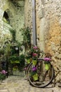 Narrow cobbled street with flowers in the old village Tourrettes-sur-Loup at night, France. Royalty Free Stock Photo