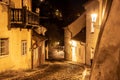 Narrow cobbled street in old medieval town with illuminated houses by vintage street lamps, Novy svet, Prague, Czech Royalty Free Stock Photo