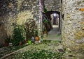 Narrow cobbled street in old town at night, France Royalty Free Stock Photo