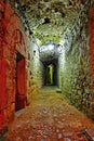 Narrow cobbled street in old town at night, France. Royalty Free Stock Photo