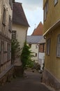 Narrow cobblestone street with colorful medieval buildings in a residential part of the Wetzlar city. Wetzlar, Germany Royalty Free Stock Photo