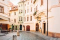 Narrow cobblestone street in old town Prague.