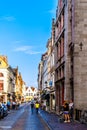 Narrow cobblestone streets and brick houses with step gables in the historic medieval city of Bruges, Belgium Royalty Free Stock Photo