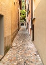 Narrow cobblestone streets in the picturesque village Morcote on the Lake Lugano, Switzerland